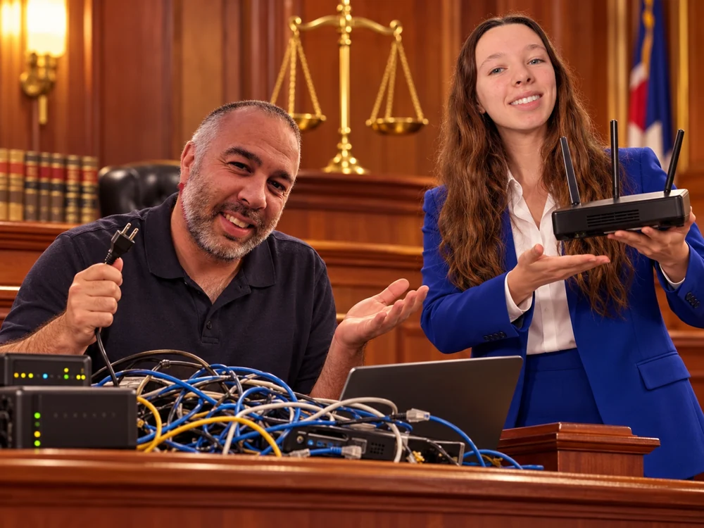 Dad in a pretend courtroom with Emma, a router and a tangle of cables.