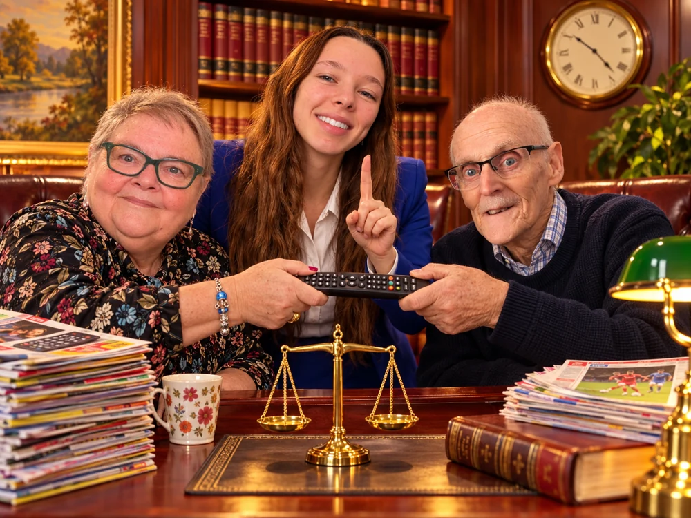 Emma mediates a pretend remote-control dispute between Granny and Grandad.
