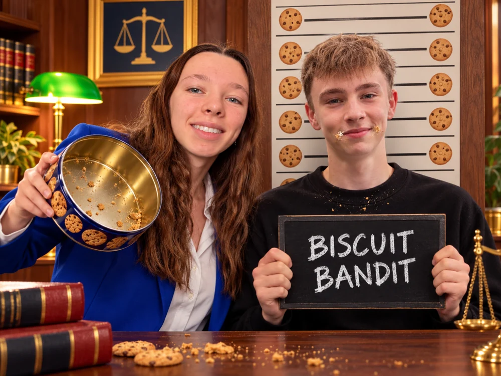 Staged scene: Emma defends Jack, the fictional Biscuit Bandit.